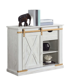 English Elm Rustic Glam Barnwood Coffee Table with Dual-Sided Center Drawer, Open Shelves & Metal Trim Accents Antique White,Gold 39 L x 18 W x 33 H B2741P320886