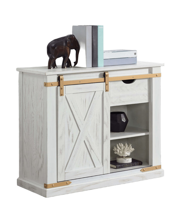 English Elm Rustic Glam Barnwood Coffee Table with Dual-Sided Center Drawer, Open Shelves & Metal Trim Accents Antique White,Gold 39 L x 18 W x 33 H B2741P320886