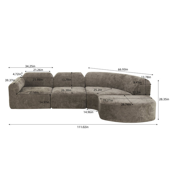 English Elm 111" Curved Sectional Sofa Set Plush Lamb Wool Upholstery Deep Seat Ottoman Lounge Dark Brown N767P371305D