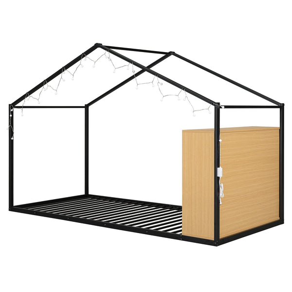 English Elm Twin House Bed Frame with Shelves & Built-In Lights, Metal-Wood Design for Creative Kids' Rooms Black N737P176708B