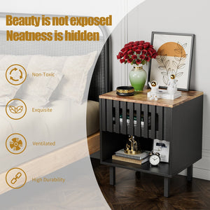 English Elm 2 Set Nightstands with Grille Striped Doors Modern Mid-Century Bedside Tables Black MDF Metal Legs, Storage W578P193301