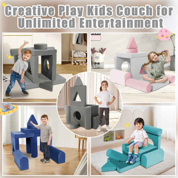 English Elm 11pcs Modular Foam Play Couch Set for Kids Velour Washable Toddler Playroom Builder Pink+Grey T5880P493424