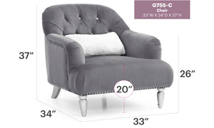 English Elm Elegant Velvet Traditional Armchair with Recessed Arms, Plush Seat Comfort, No Assembly Required Gray 29.5 L x 33 W x 38 H B078108409