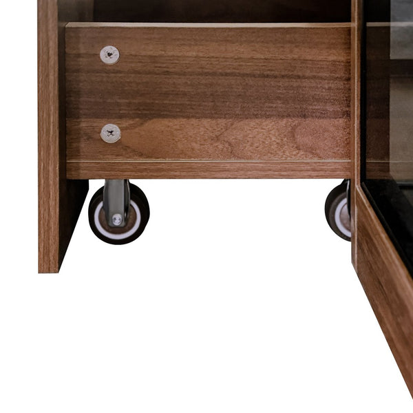 English Elm 70" Glass Display Cabinet with 5-Tier Pull-Out Shelves, Adjustable LED Lighting, Versatile Storage W331S00196