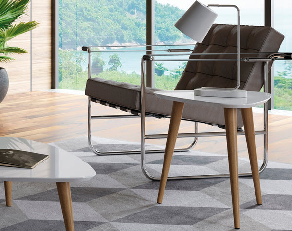 English Elm Utopia 20" Triangle End Table White — Lacquered Triangular Top, Solid Wood Splayed Legs, Sleek Accent B365P398490