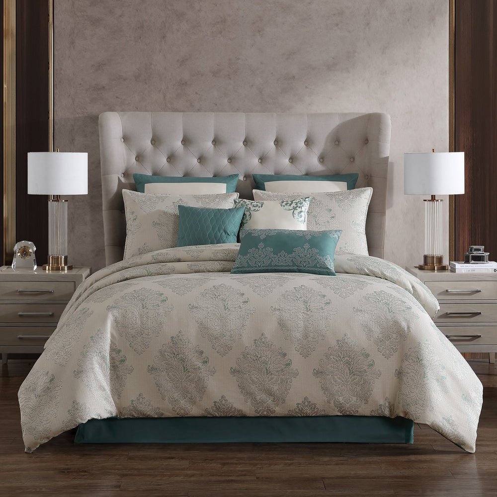 English Elm Marana Textured Medallion 9-PC Queen Comforter Set Teal Blue - Woven Jacquard Oversized, Washable B340P341919