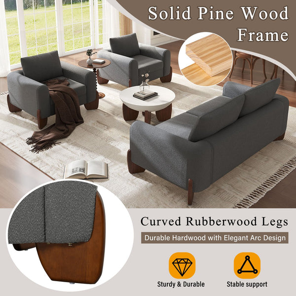 English Elm U_style Bouclé 3 Piece Living Room Sofa Set with Loveseat and Two Accent Armchairs Grey WY000479AAE