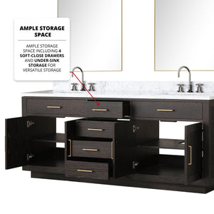English Elm Brown Oak Double Bath Vanity Set With Carrara Marble Top, Dual Sinks, Chrome Faucets & Mirrors B2731S01805