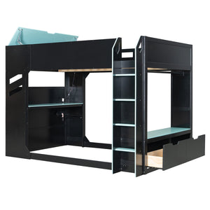 English Elm Full Size Loft Bed with Rgb Lighting Desk Drawers Hanging Rod Teen Bedroom Blue LT000288AAC-1