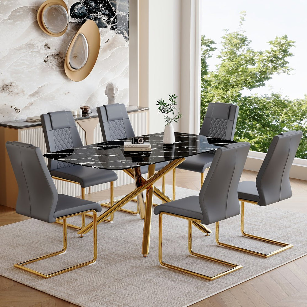 English Elm Table and Chair Set Marble Glass Top with Sculptural Gold Legs Six Seat Glam Dining Black+Gold,Dark Gray W1151S03297