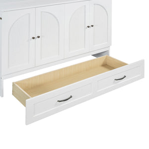 English Elm Full Size Murphy Bed Rattan Cabinet with Storage Drawers and Gold Hardware White N708S00009K