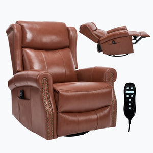 English Elm Heat Massage Rocker Recliner Genuine Leather Swivel Chair with Lumbar Vibration Nodes W3224S00016