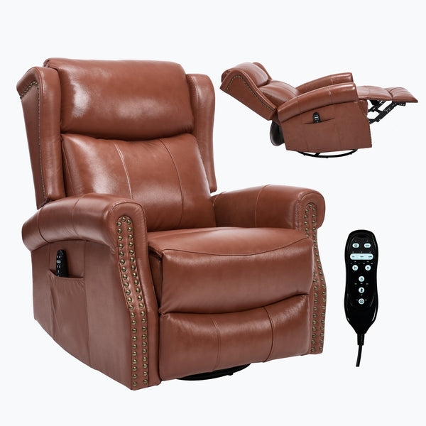 English Elm Heat Massage Rocker Recliner Genuine Leather Swivel Chair with Lumbar Vibration Nodes W3224S00016