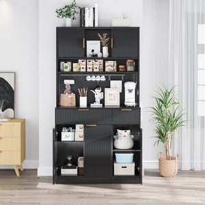 English Elm Pantry Hutch with Fluted Mdf Panels Charging Station Pegboard and Open Shelving T3773P416035