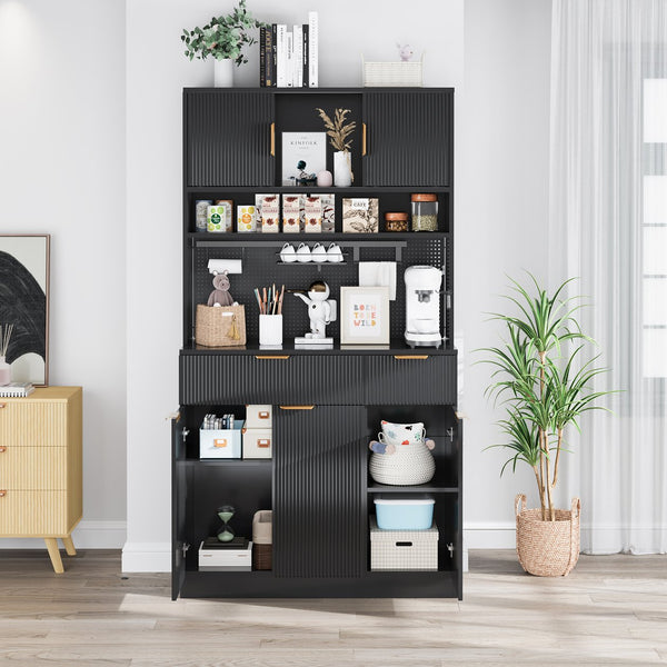 English Elm Pantry Hutch with Fluted Mdf Panels Charging Station Pegboard and Open Shelving T3773P416035