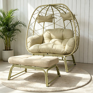 English Elm Double Wicker Egg Chair with Ottoman Bohemian Rattan Outdoor Lounge for Patio T5880P501480