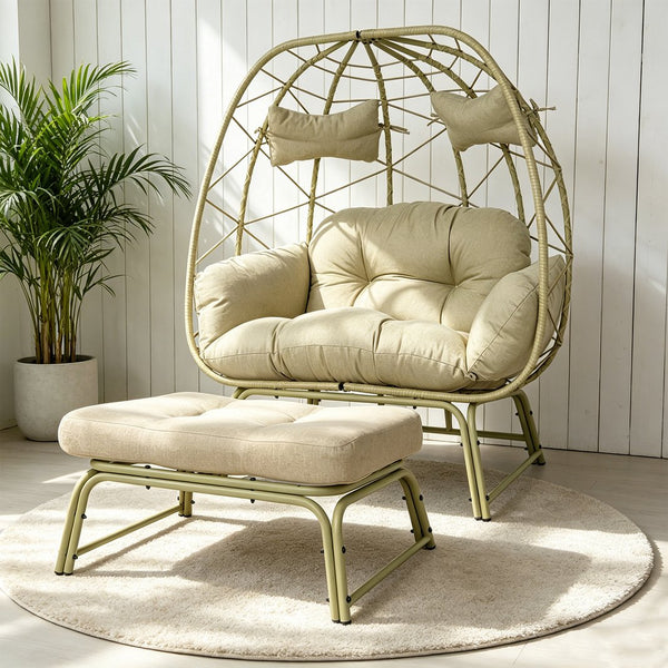 English Elm Double Wicker Egg Chair with Ottoman Bohemian Rattan Outdoor Lounge for Patio T5880P501480