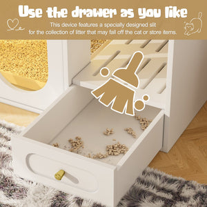 English Elm Cat Litter Box Cabinet with Led Lighting Acrylic Doors and Drawer Storage End Table White N704P402444K