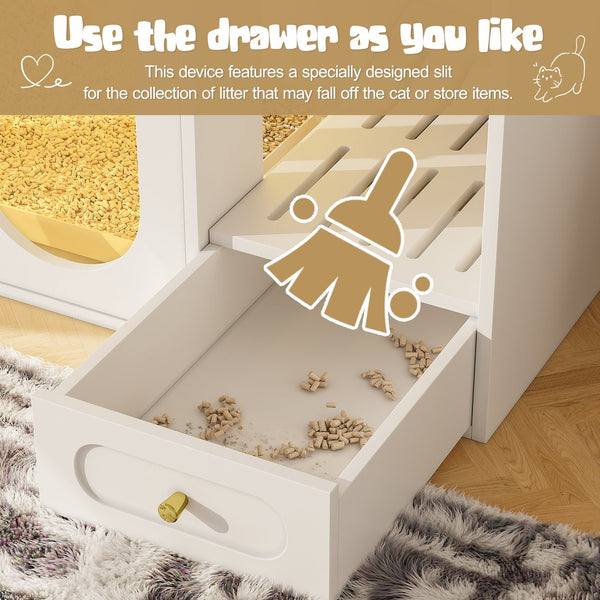 English Elm Cat Litter Box Cabinet with Led Lighting Acrylic Doors and Drawer Storage End Table White N704P402444K