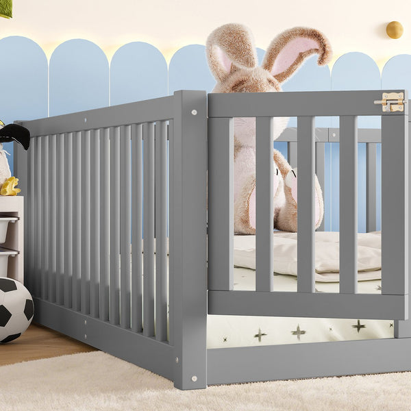 English Elm Queen Kids Floor Bed Pine Wood Frame with Safety Rails Door and Low Profile Design Gray W1580P418053