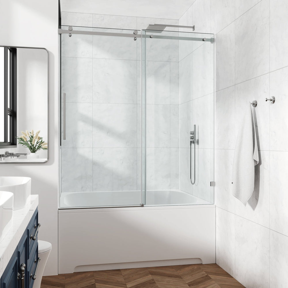 English Elm 60*76"Fixed Sliding Shower Door - Modern Frameless Design, 3/8" Tempered Glass, Stainless Steel Hardware T3177P320615