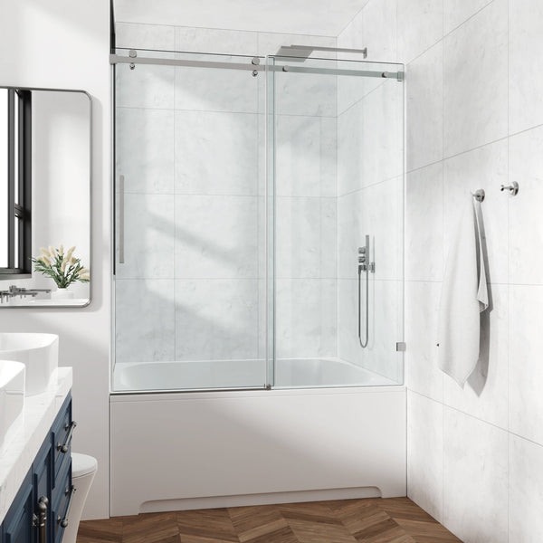 English Elm 60*76"Fixed Sliding Shower Door - Modern Frameless Design, 3/8" Tempered Glass, Stainless Steel Hardware T3177P320615