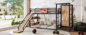 English Elm Twin Metal Loft Bed with Slide Basketball Hoop Climbing Wall and Built-in Shelves W1580S00631