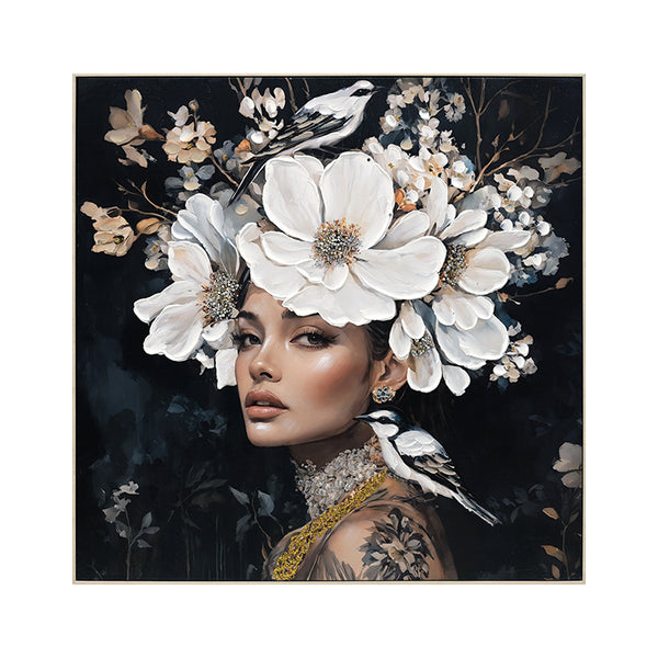 English Elm Floral Black White Woman Canvas Art with Bird Tattoo Portrait — Modern Aesthetic Oil Print for Home Decor W3374P322231