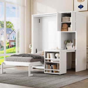 English Elm Twin Size Rotating Murphy Bed With Desk, Bookshelf & Storage – Smart Space-Saving Solution In White N820S00066K-GIGA