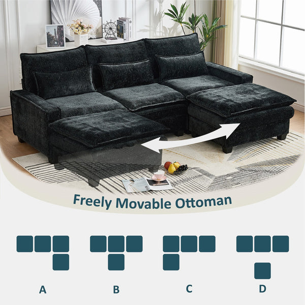English Elm 99'' Sectional Cloud Deep Seat Couch - Plush Chenille 4-Seat L-Shaped Sofa with Movable Ottoman, Stain-Resistant Comfort and Ergonomic Lumbar Support Black W3373S00024