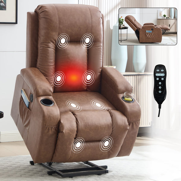 English Elm Beige Pu Leather Power Lift Recliner with Massage Lumbar Heat and Usb Charging Brown W1803S00083