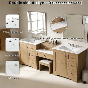 English Elm 84" Double Sink Vanity with Stone Countertop Six Soft Close Drawers and Silver Knobs Wood N817P404196B