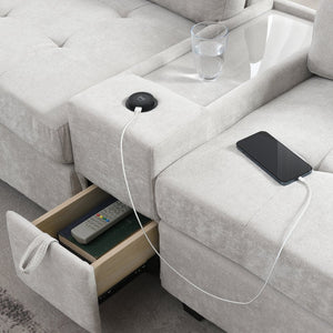 English Elm [new U-shaped Chenille Sectional Six Seat Tufted Couch with Usb Charging Storage Light Gray N723S1191K