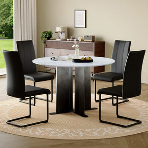 English Elm Modern Round Faux Marble Dining Set with Gradient Pedestal and Four Pu Leather Chairs W3875S00070