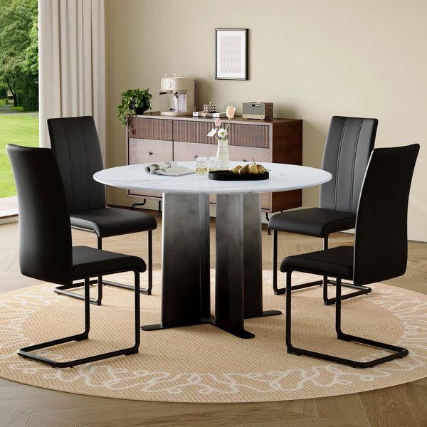English Elm Modern Round Faux Marble Dining Set with Gradient Pedestal and Four Pu Leather Chairs W3875S00070