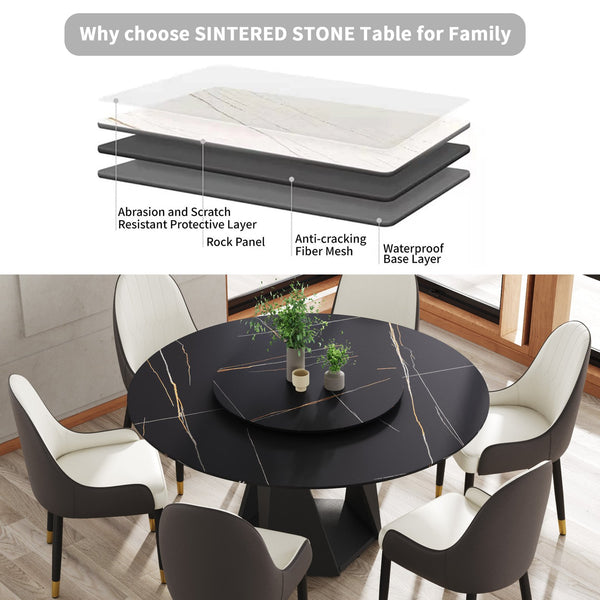 English Elm 59.05" Round Marble Dining Table With Black Iron Base, Elegant Turntable, Seats 6-8, Durable Design W1535S00404
