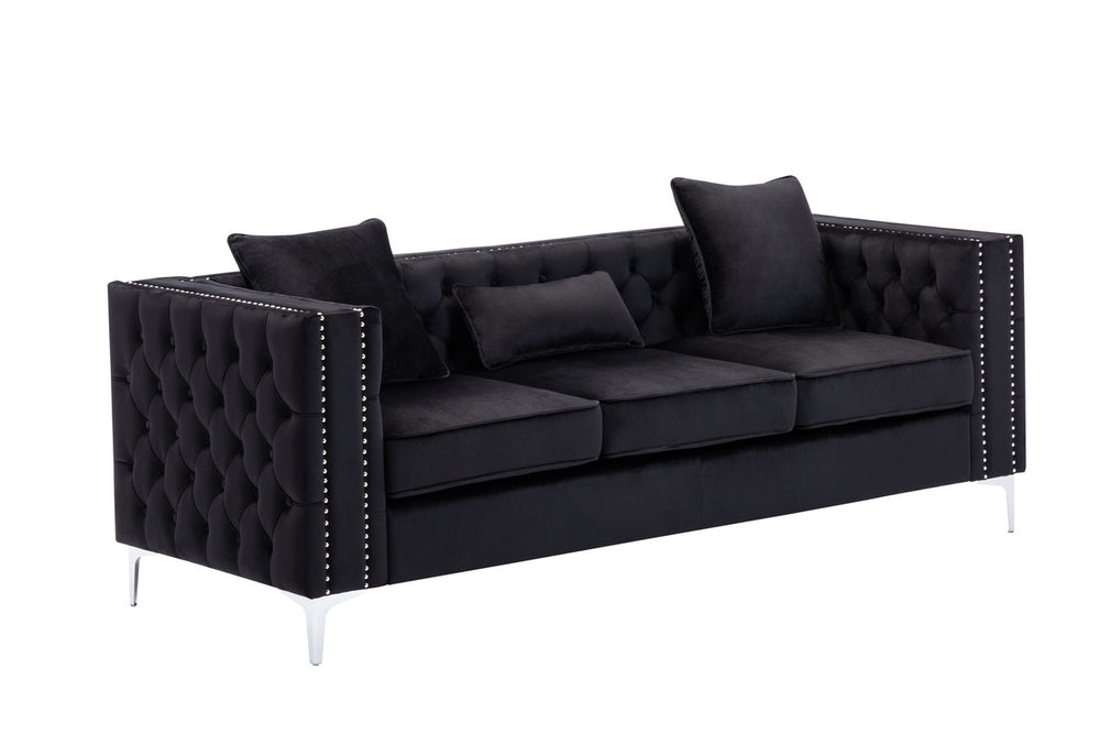 English Elm Noir Black Velvet Sofa with Button Tufting Nailhead Trim and Chrome Legs B2749S00132