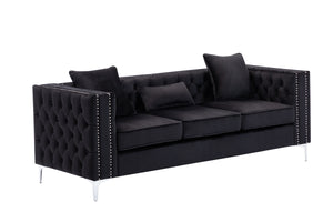 English Elm Noir Black Velvet Sofa with Button Tufting Nailhead Trim and Chrome Legs B2749S00132