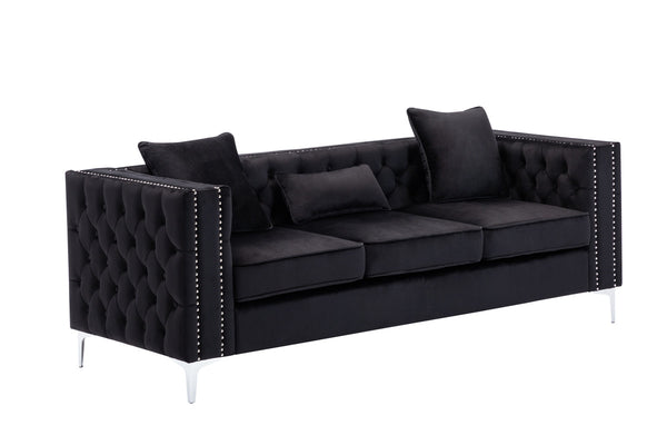 English Elm Noir Black Velvet Sofa with Button Tufting Nailhead Trim and Chrome Legs B2749S00132