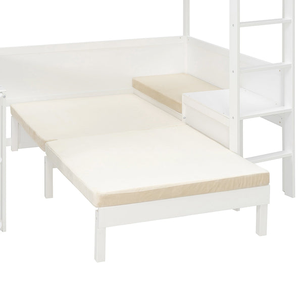 English Elm Full Size Loft Bed with Rotating Desk Led Lighting Sofa and Bookshelf Storage White LT000200AAK