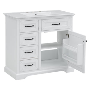 English Elm 36-Inch Modern Bathroom Vanity with Ceramic Basin, 4 Drawers & Soft-Close Door, Pre-Drilled Faucet Ready, Durable MDF and Solid Wood Construction (36"L x 18.3"W x 33.4"H) White N725P296118K