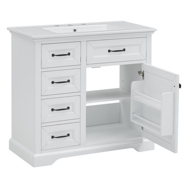 English Elm 36-Inch Modern Bathroom Vanity with Ceramic Basin, 4 Drawers & Soft-Close Door, Pre-Drilled Faucet Ready, Durable MDF and Solid Wood Construction (36"L x 18.3"W x 33.4"H) White N725P296118K