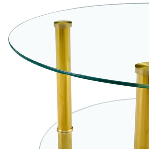 English Elm Contemporary Round Tempered Glass Coffee Table Gold Legs Open Shelf Living Room W1151P234005