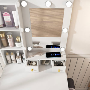 English Elm Vanity compact dressing desk with LED mirror, 3-color dimmable lights, drawers, stool, outlet White W2699P345800