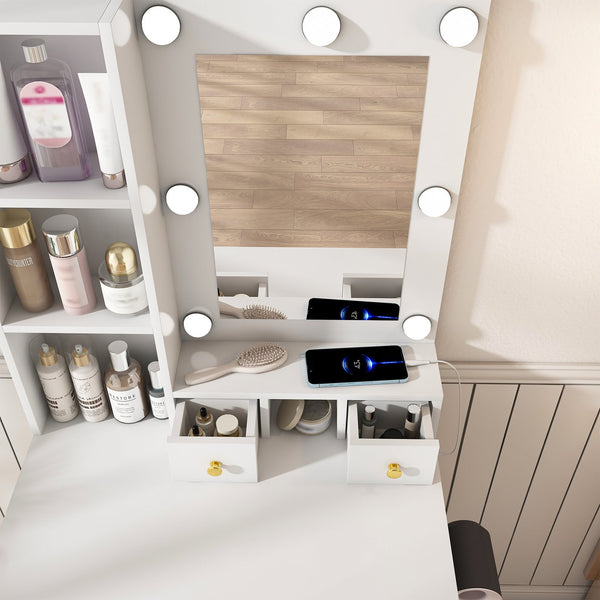 English Elm Vanity compact dressing desk with LED mirror, 3-color dimmable lights, drawers, stool, outlet White W2699P345800