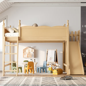 English Elm Queen Solid Pine Loft Bed with Wardrobe Shelves Detachable Slide and Dual Sleeping Zones Natural W5305S00027