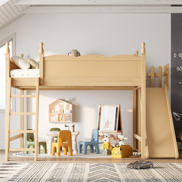 English Elm Queen Solid Pine Loft Bed with Wardrobe Shelves Detachable Slide and Dual Sleeping Zones Natural W5305S00027