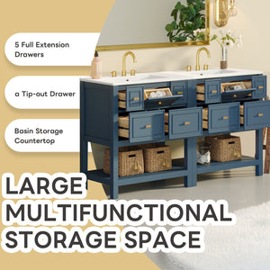 English Elm 60'' Bathroom Vanity Set With Ceramic Sink – Stylish Freestanding Storage Cabinet In Blue Finish N710SS00004C