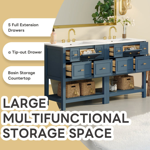 English Elm 60'' Bathroom Vanity Set With Ceramic Sink – Stylish Freestanding Storage Cabinet In Blue Finish N710SS00004C