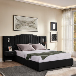 English Elm Queen Velvet Platform Bed with Tufted Headboard Integrated Nightstands and Striped Design Black W487S00441